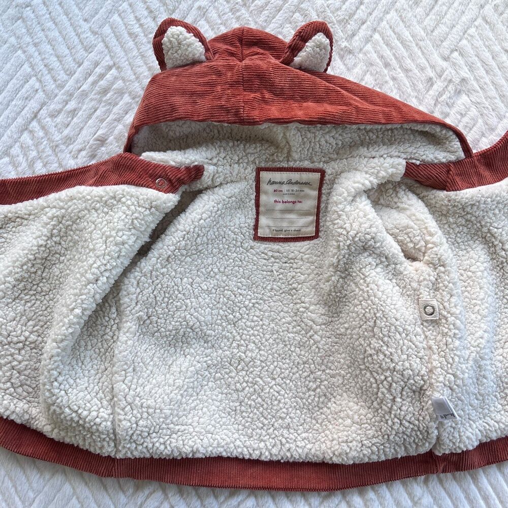 Hanna Andersson Baby Size 80 18-24M Fox Corduroy Sherpa Lined Hooded Jacket Coat - Picture 5 of 8